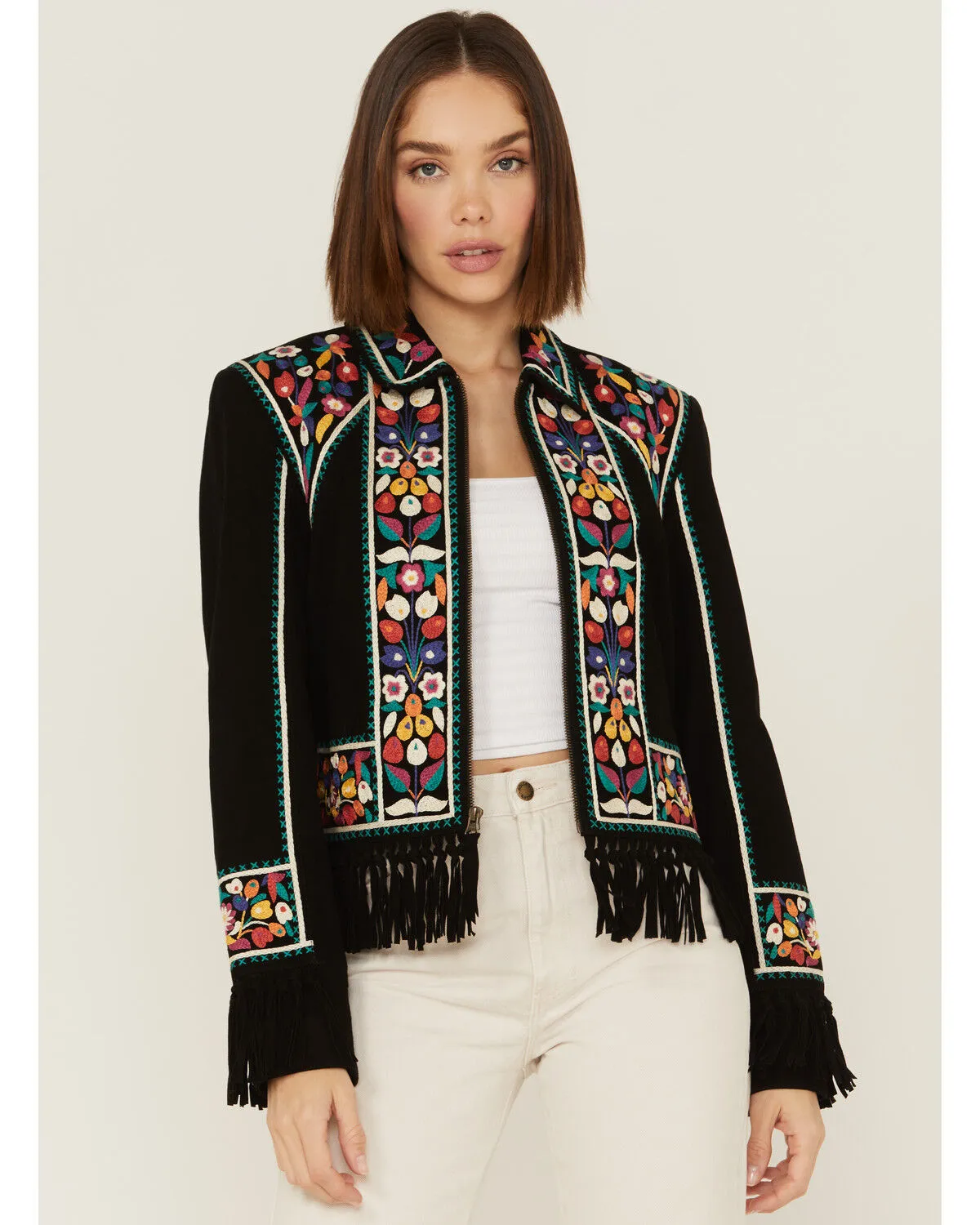 Double D Ranch Women's Justyna Embroidered Fringe Suede Jacket