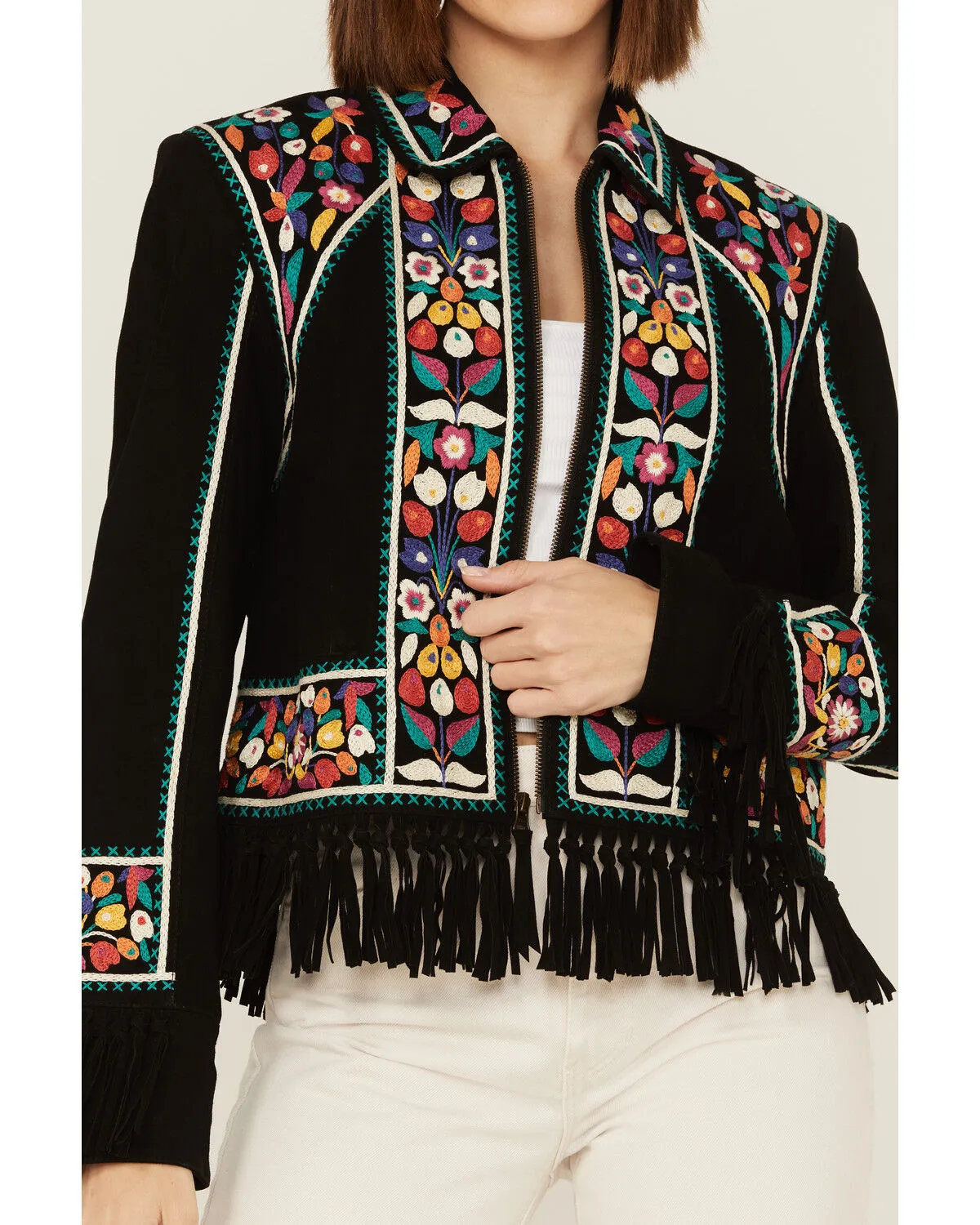 Double D Ranch Women's Justyna Embroidered Fringe Suede Jacket