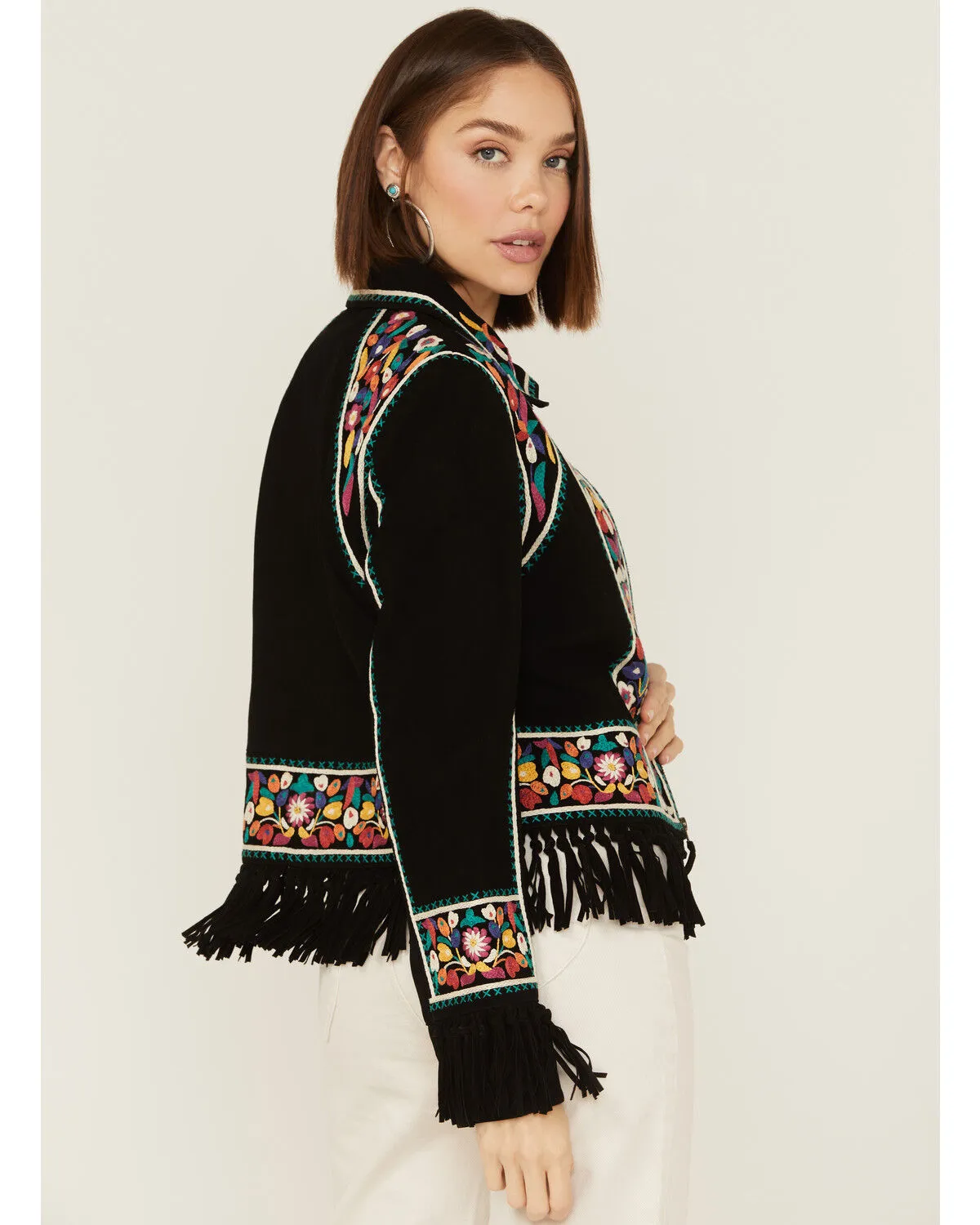 Double D Ranch Women's Justyna Embroidered Fringe Suede Jacket