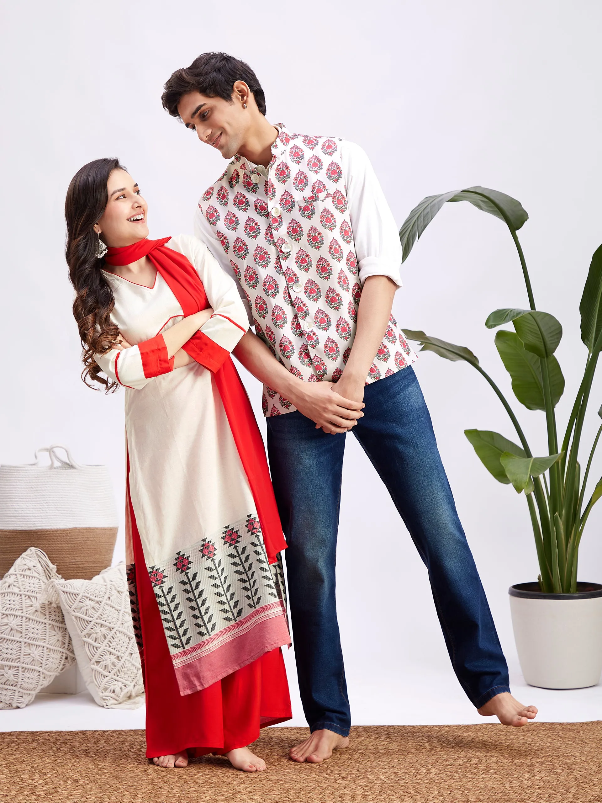 MEN WOMEN 36 - 42 Cream And Red Cotton Blend Men's:Nehru Jacket  Women's:Kurta Set