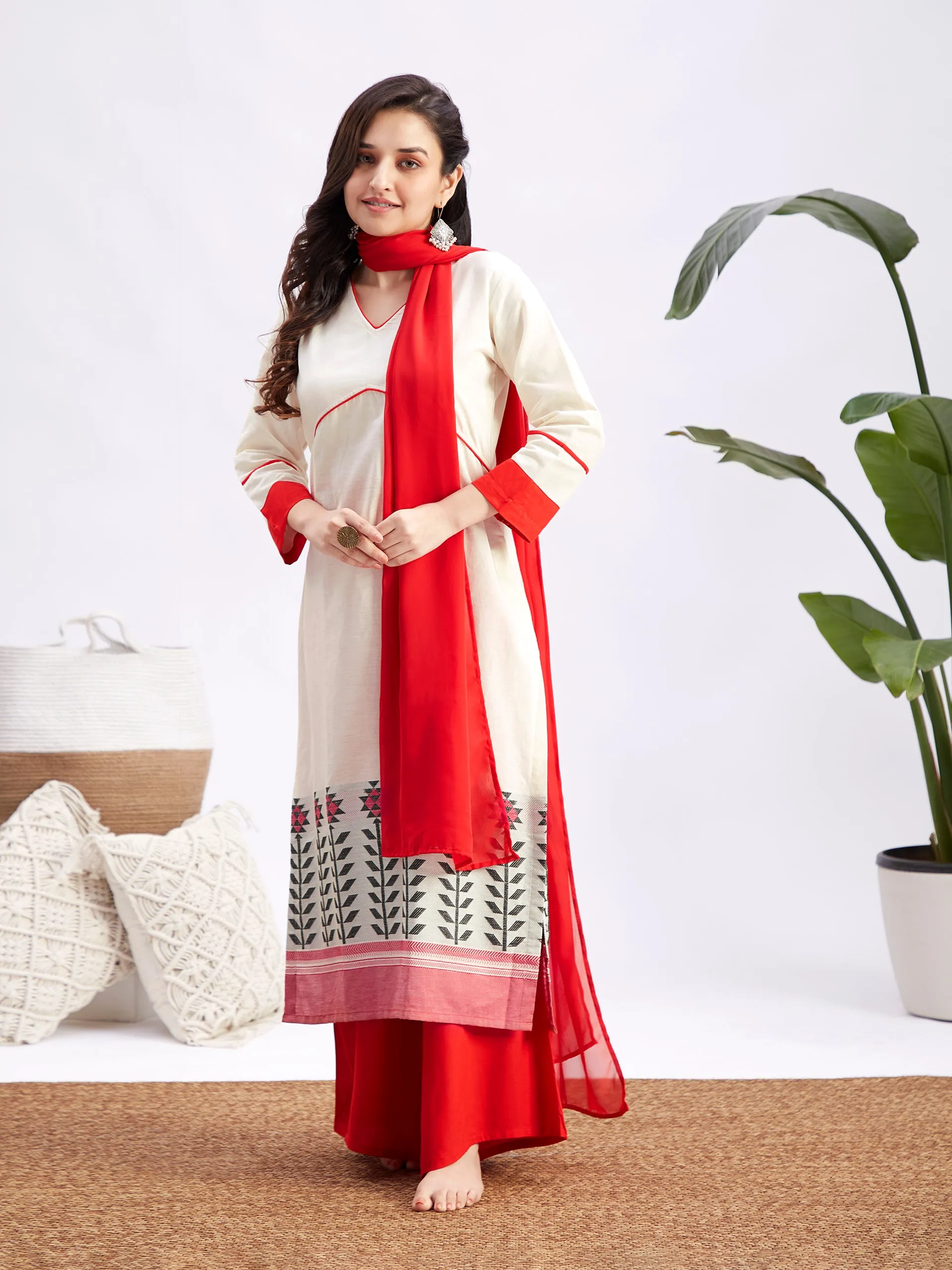 MEN WOMEN 36 - 42 Cream And Red Cotton Blend Men's:Nehru Jacket  Women's:Kurta Set