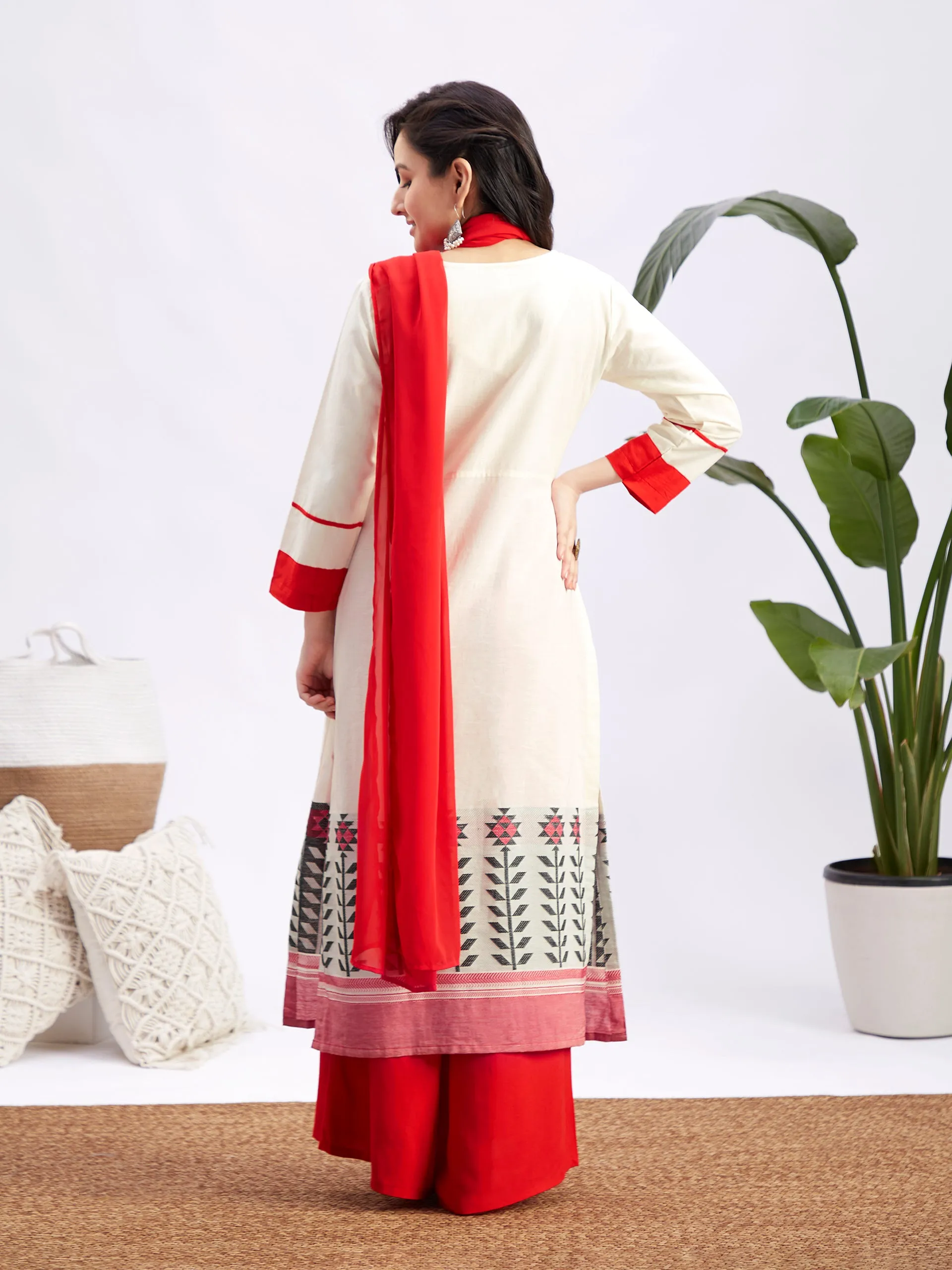 MEN WOMEN 36 - 42 Cream And Red Cotton Blend Men's:Nehru Jacket  Women's:Kurta Set