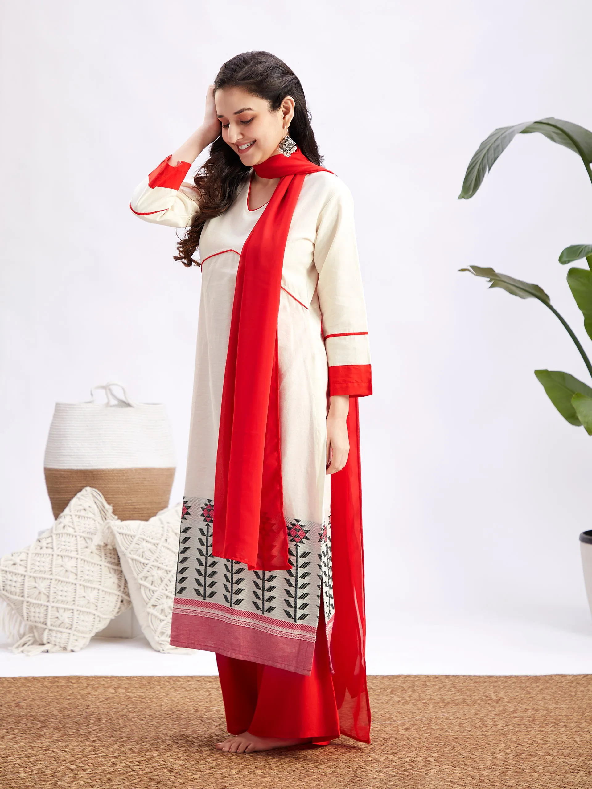 MEN WOMEN 36 - 42 Cream And Red Cotton Blend Men's:Nehru Jacket  Women's:Kurta Set