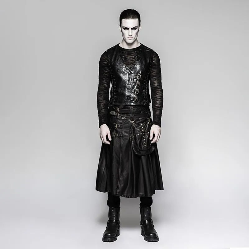 Men's Faux Leather Bucle-up Kilt With Waist Bag Black