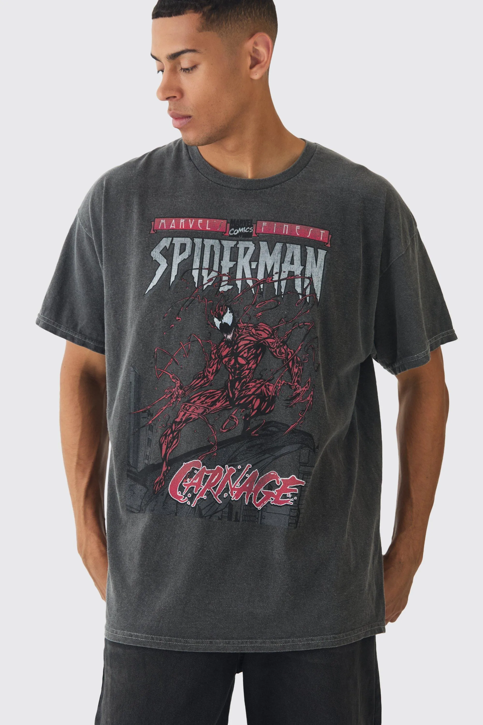 Oversized Spiderman Marvel Wash License Print T-Shirt | boohooMAN UK