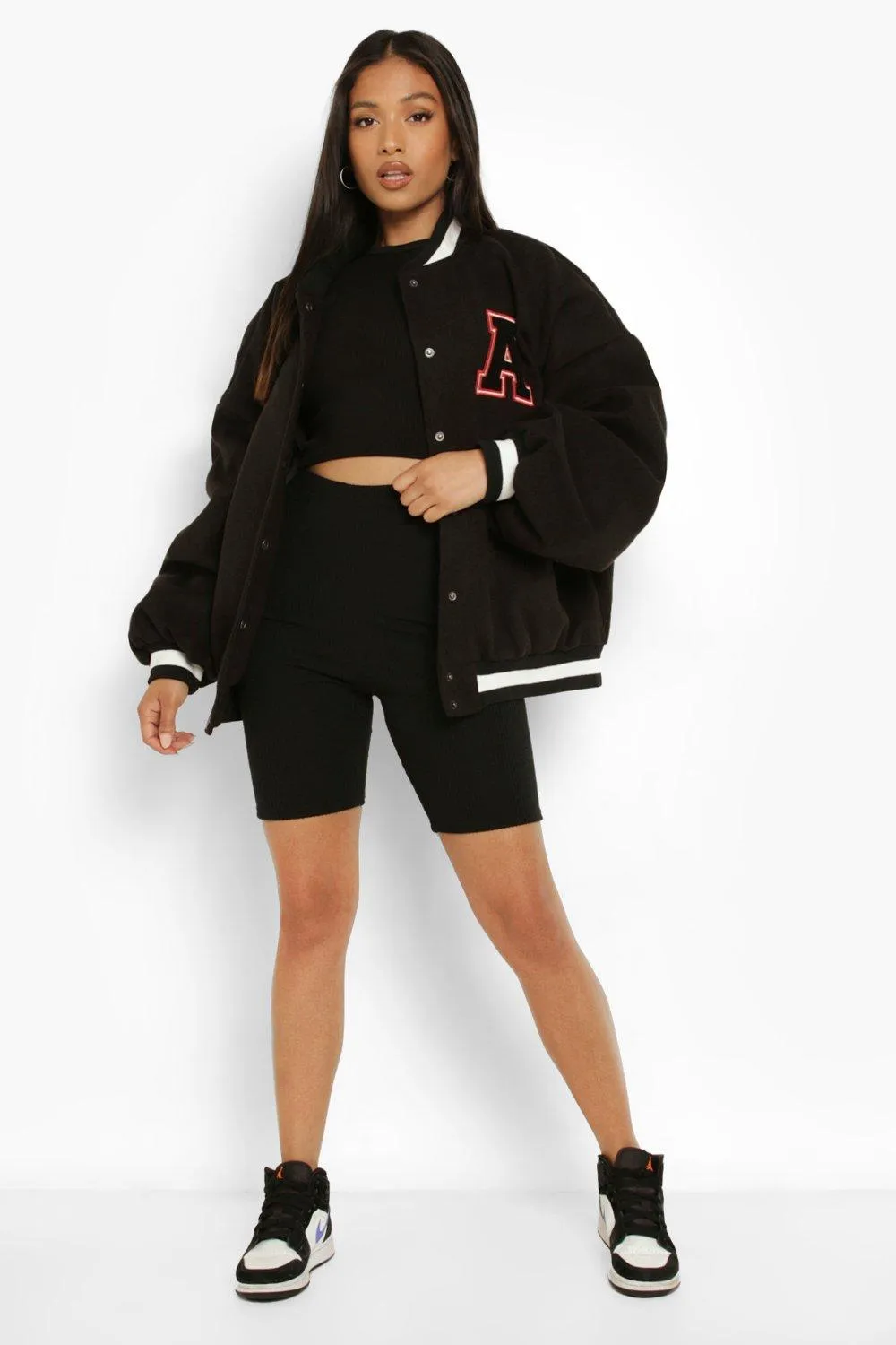 Petite Patch Letter Oversized Varsity Jacket