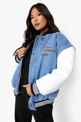 Petite Pu Sleeve Denim Varsity Jacket