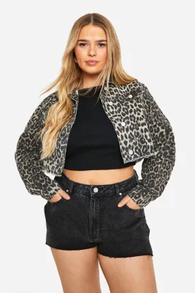 Plus Cropped Oversized Leopard Denim Jacket