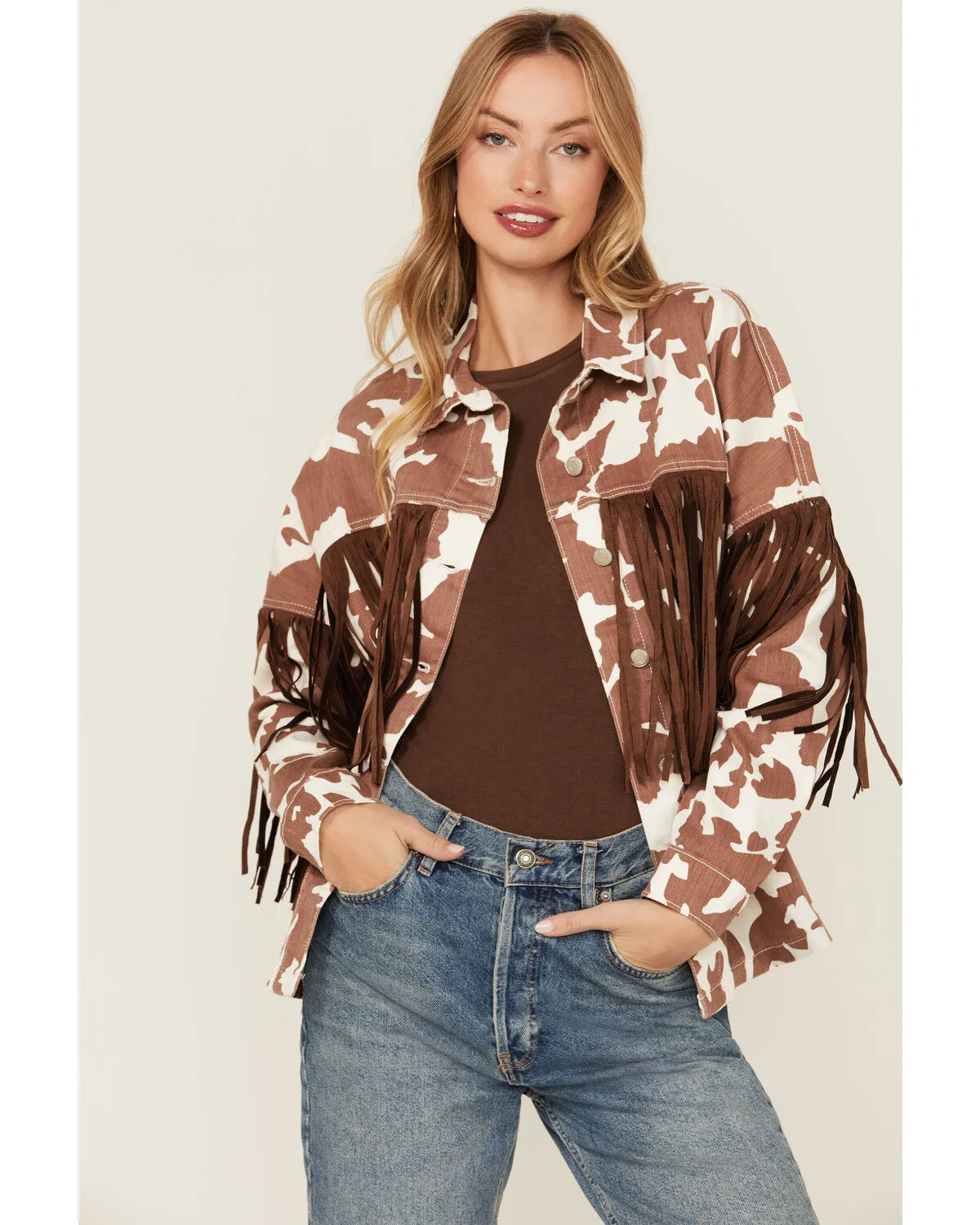 Saints & Hearts Women's Cow Print Tassel Jacket