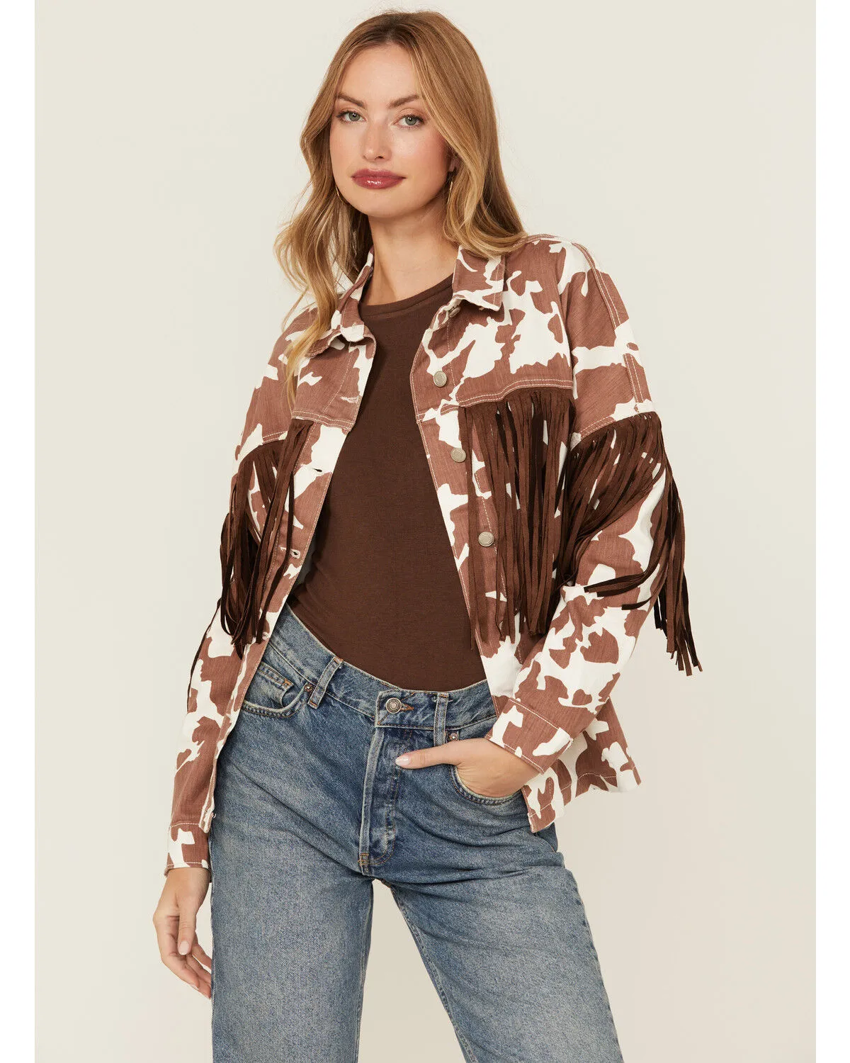 Saints & Hearts Women's Cow Print Tassel Jacket