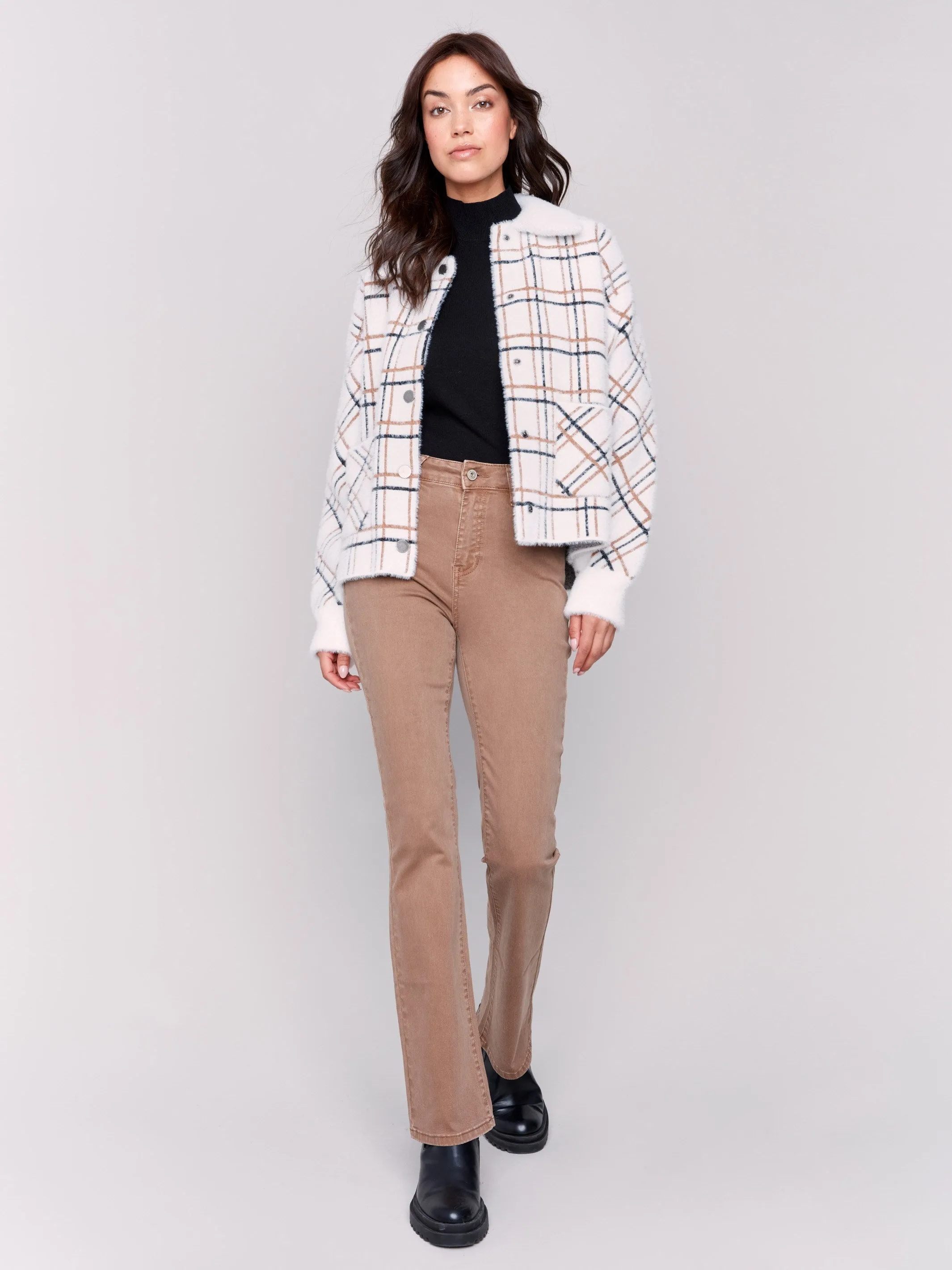 Short Plaid Knit Jacket - Terracotta