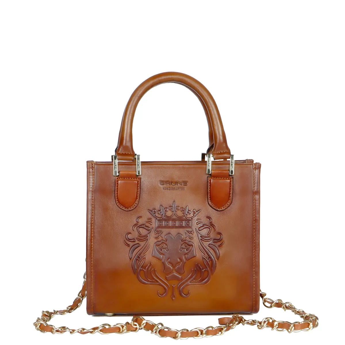 Small Size Hand Bag with Embossed Lion Tan Genuine Leather