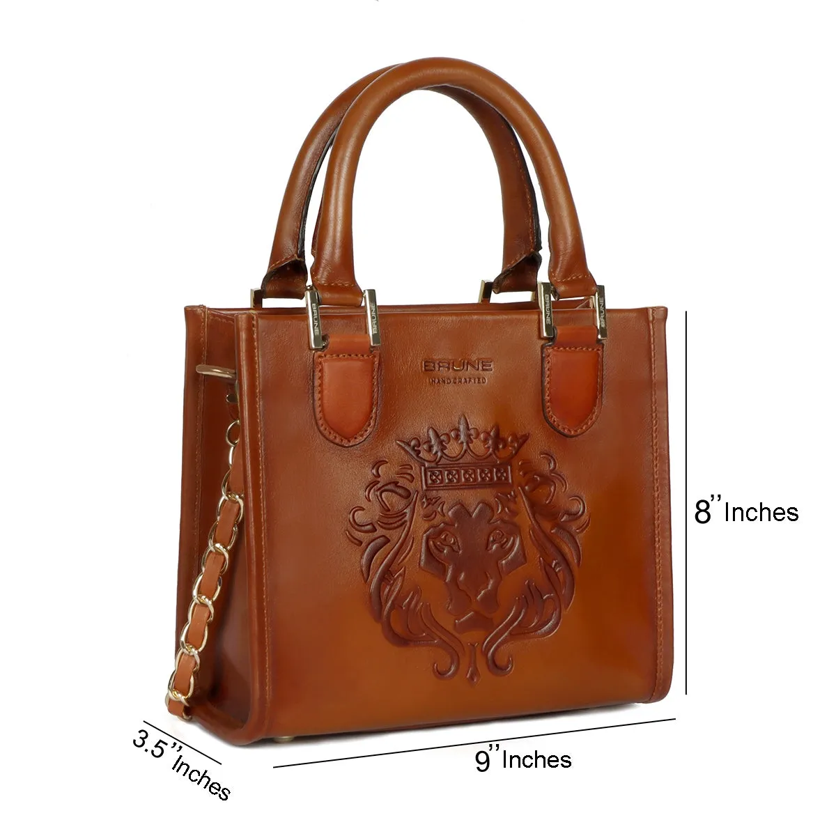 Small Size Hand Bag with Embossed Lion Tan Genuine Leather