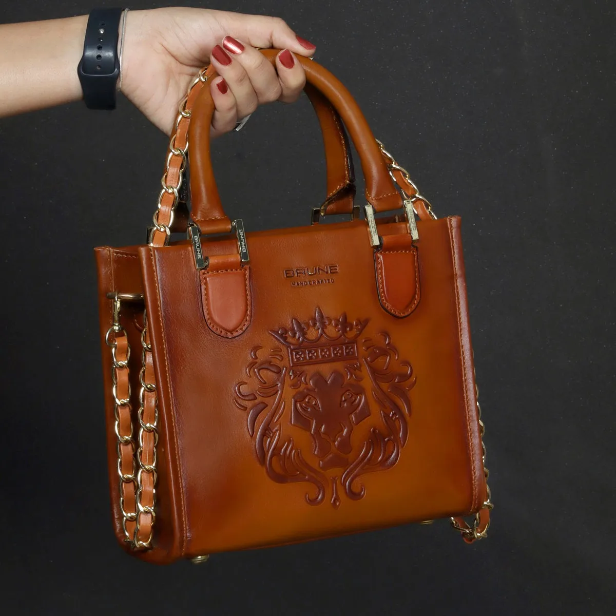 Small Size Hand Bag with Embossed Lion Tan Genuine Leather