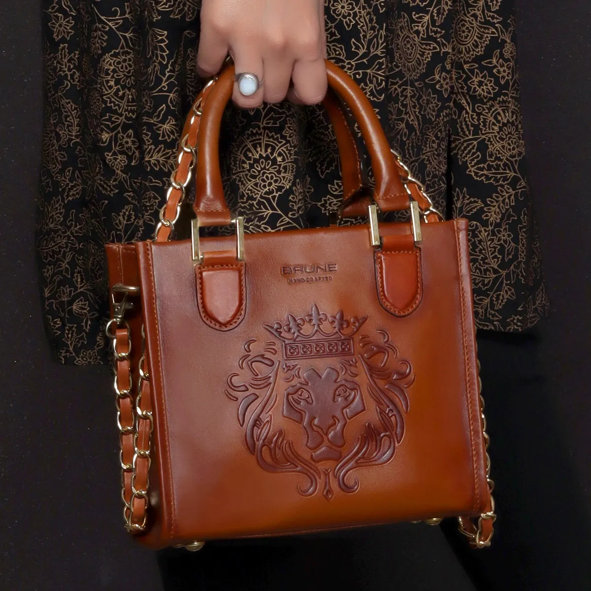 Small Size Hand Bag with Embossed Lion Tan Genuine Leather