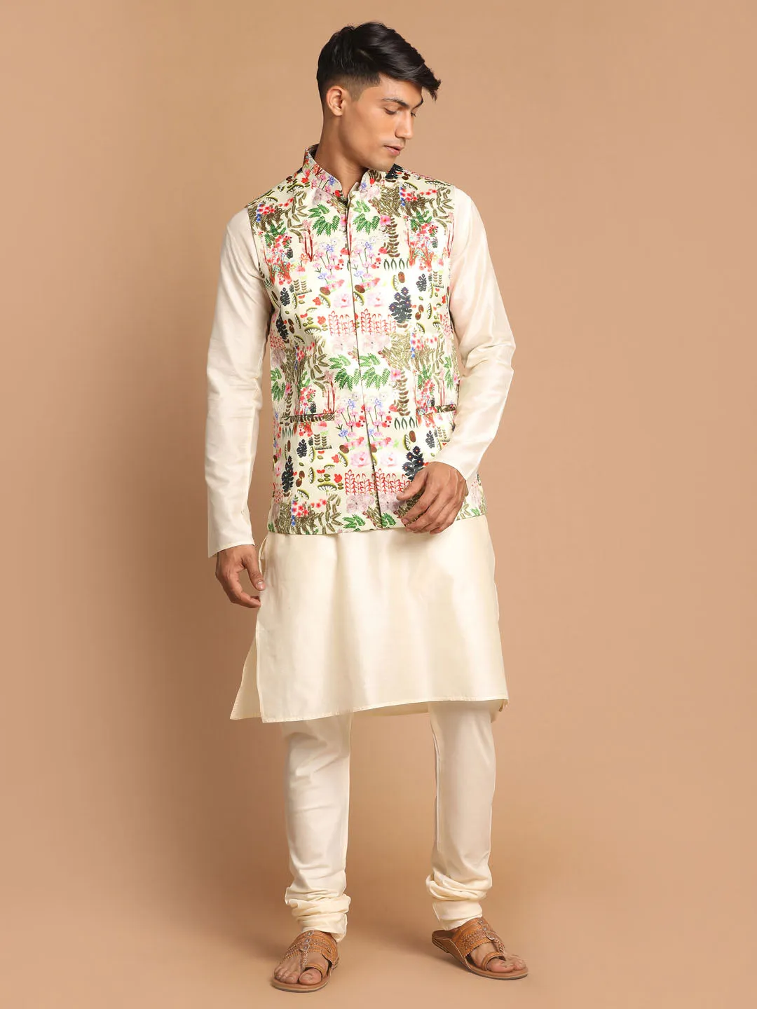 VASTRAMAY Men's Green Digital Printed Royal Ethnic Jacket With Cream Kurta Pyjama