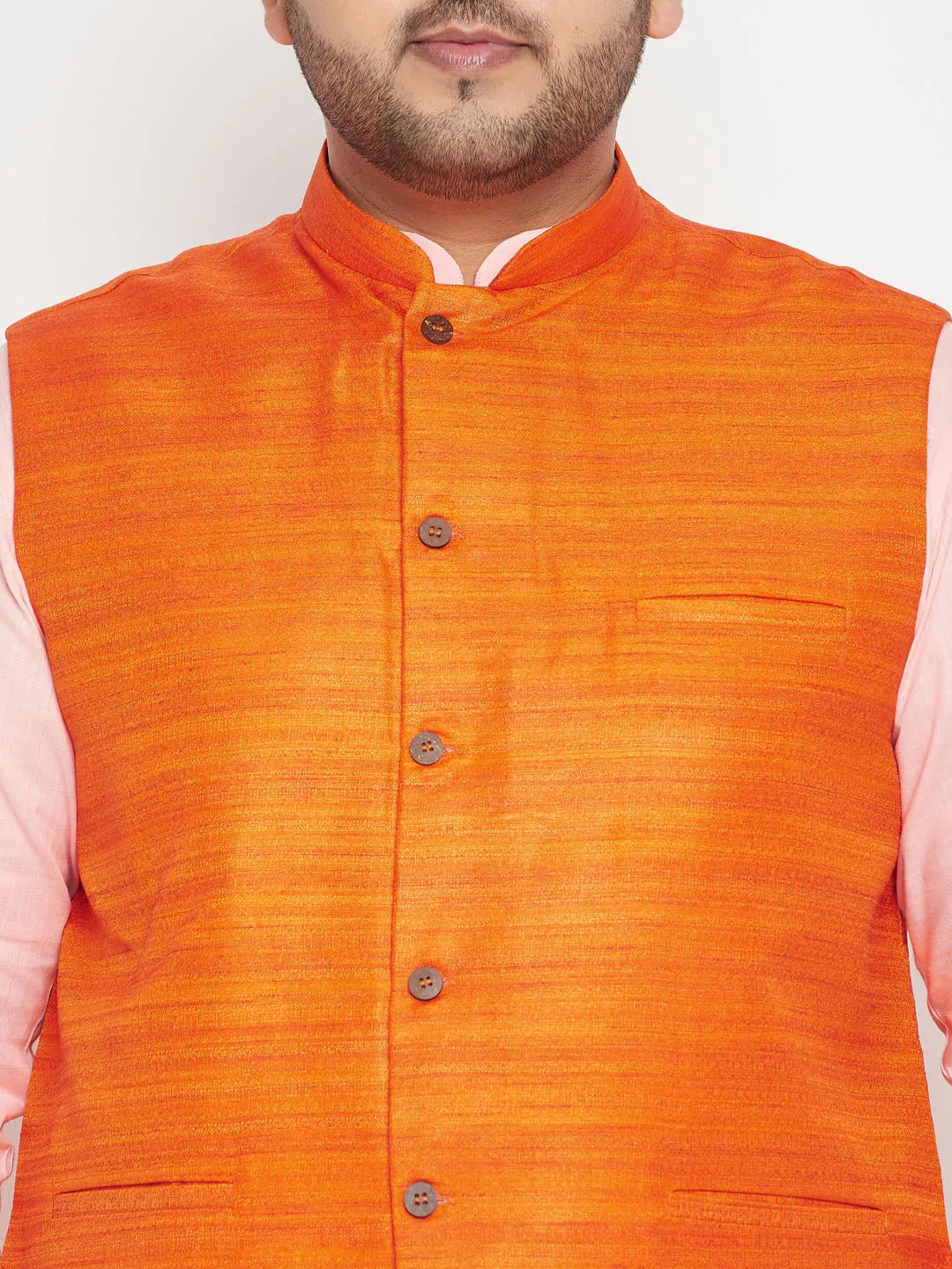 VASTRAMAY PLUS Men's Pink Kurta And White Pyjama With Orange Nehru Jacket Set